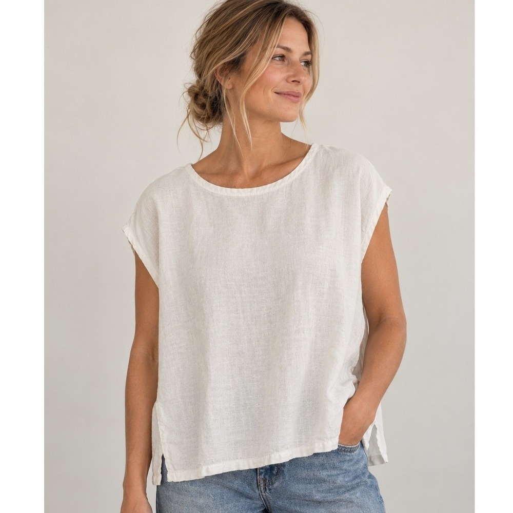 Bryn Walker Tank Top Womens M White Linen Sleeveless Scoop Neck Boxy Lagenlook